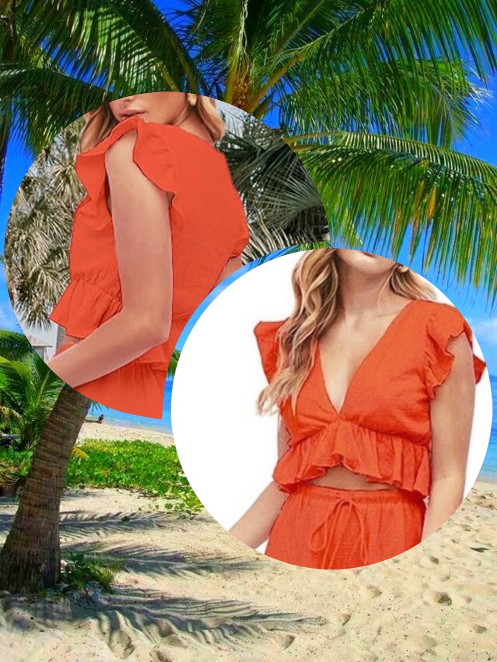 Orange Ruffle V-Neck Crop Top with flutter sleeves